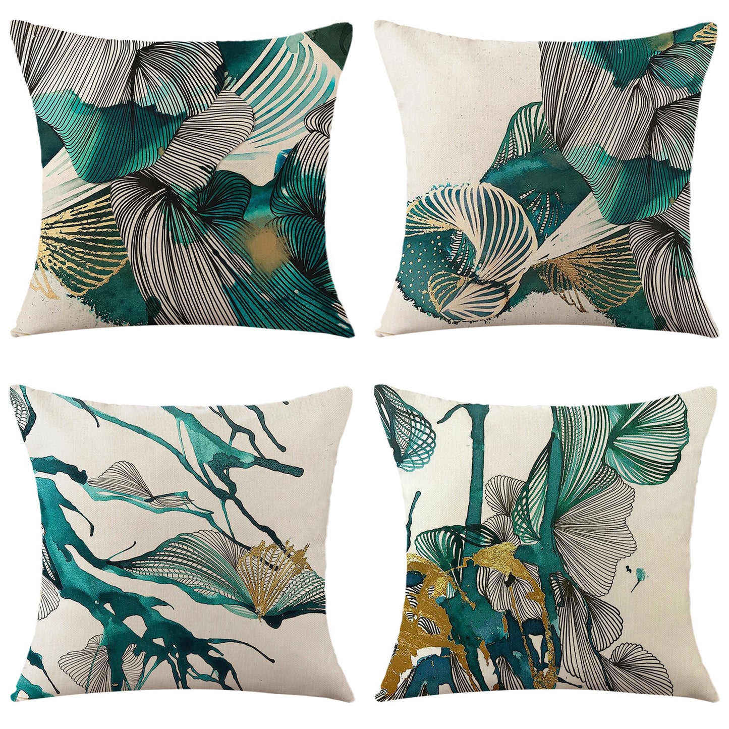 4-Piece Artistic Leaf - Patterned Pillow & Pillowcase Set: Green and Gold Abstract Foliage Designs for a Sophisticated Home Ambiance