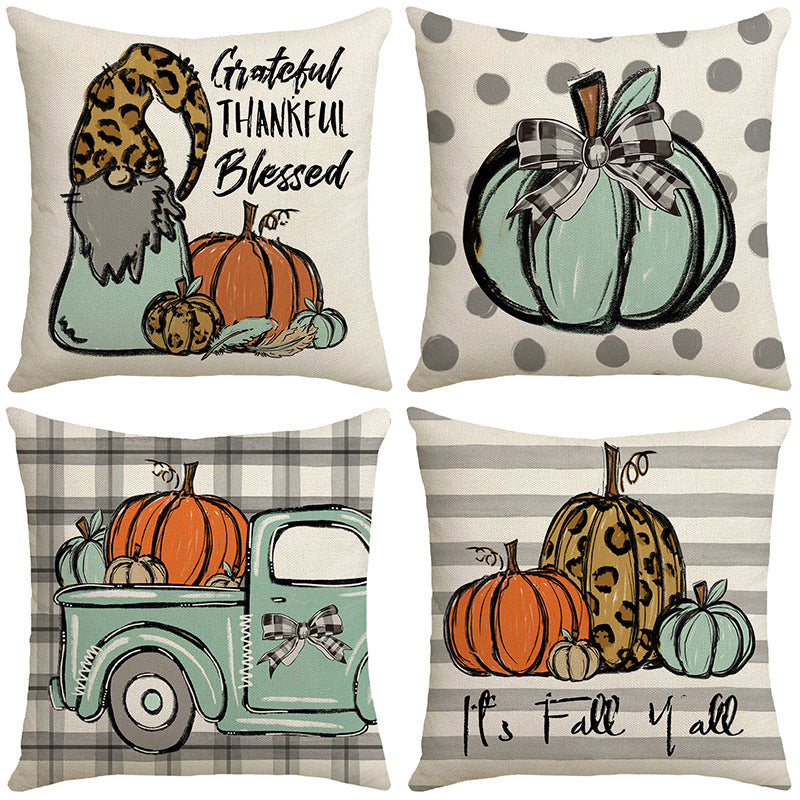 4-Piece Autumn Harvest - Themed Pillow & Pillowcase Set: Whimsical Gnome, Pumpkin, and Truck Designs for a Cozy, Seasonal Home Upgrade