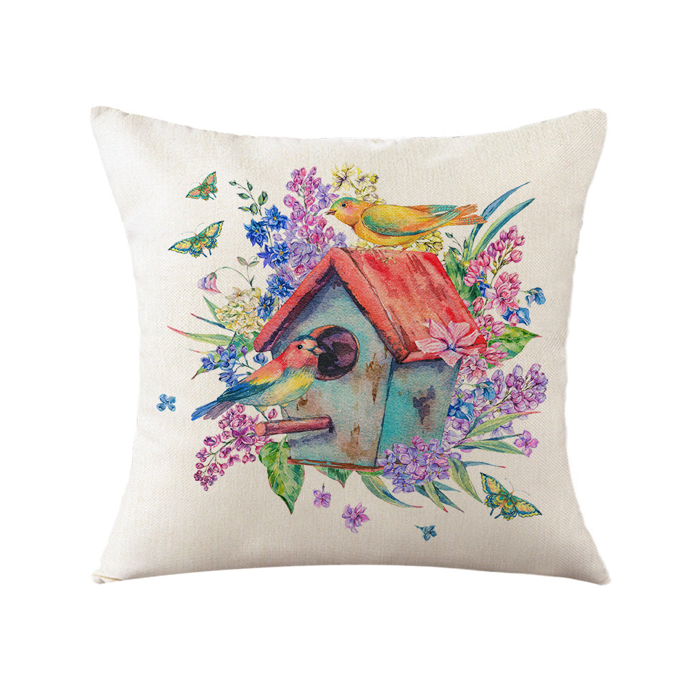 4-Piece Spring Watercolor Pillow & Pillowcase Set: Birdhouses, Bunnies, and Floral Jars for a Whimsical, Nature-Loving Home