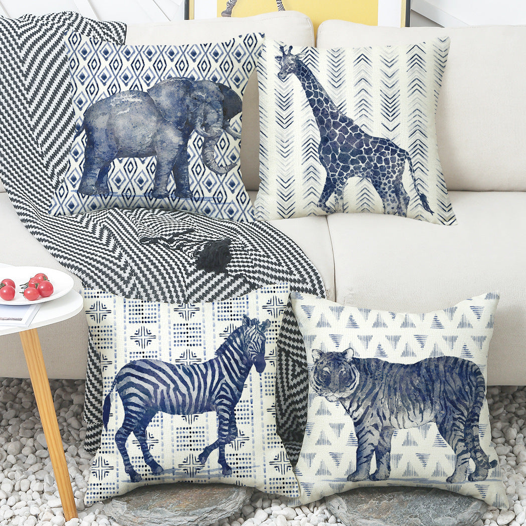 4-Piece Safari - Inspired Animal Pillow & Pillowcase Set: Blue - Toned Wildlife Designs with Geometric Patterns for a Stylish Home