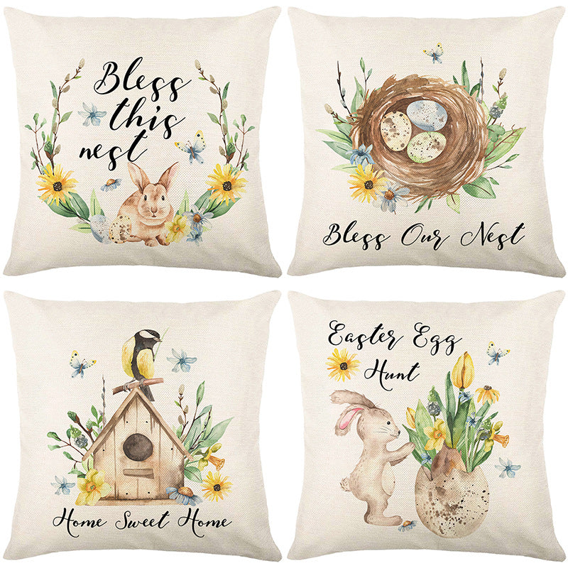 4-Piece Whimsical Spring Nest & Bunny Pillow & Pillowcase Set: Watercolor Nature Designs for a Serene, Homey Ambiance