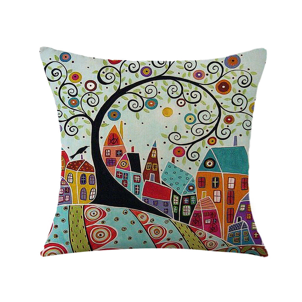 4-Piece Whimsical Village & Tree Pillow & Pillowcase Set: Colorful, Artistic Designs for a Charming, Storybook-Inspired Home