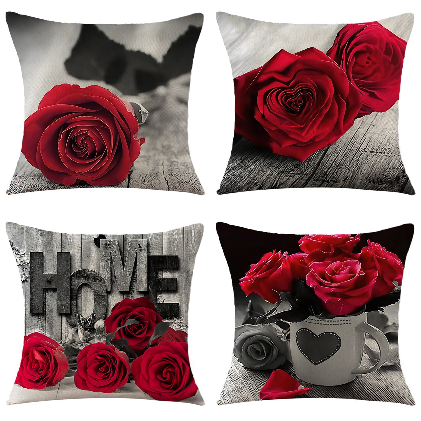 4-Piece Red Rose Pillow & Pillowcase Set