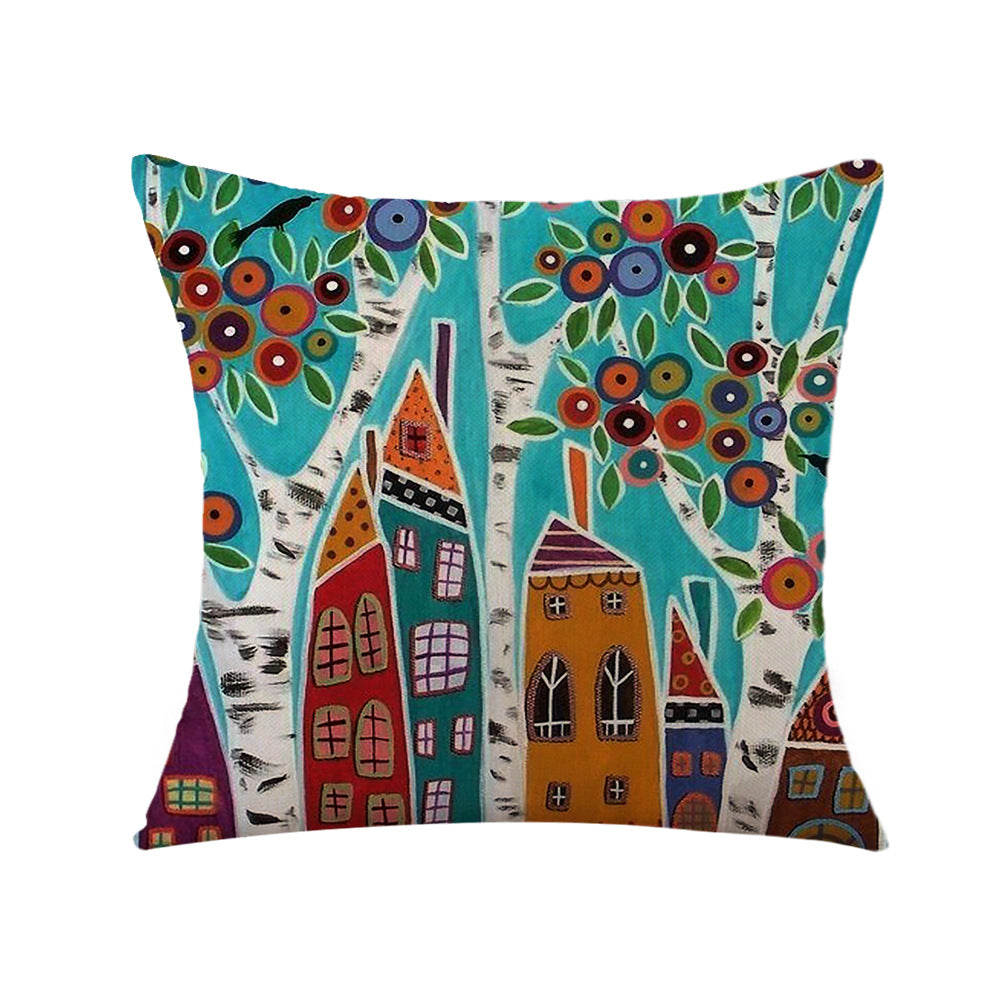 4-Piece Whimsical Village & Tree Pillow & Pillowcase Set: Colorful, Artistic Designs for a Charming, Storybook-Inspired Home
