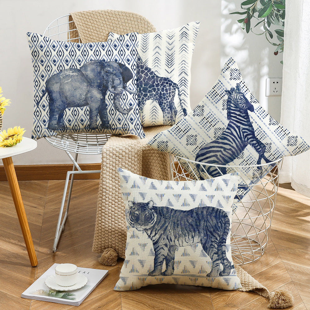 4-Piece Safari - Inspired Animal Pillow & Pillowcase Set: Blue - Toned Wildlife Designs with Geometric Patterns for a Stylish Home