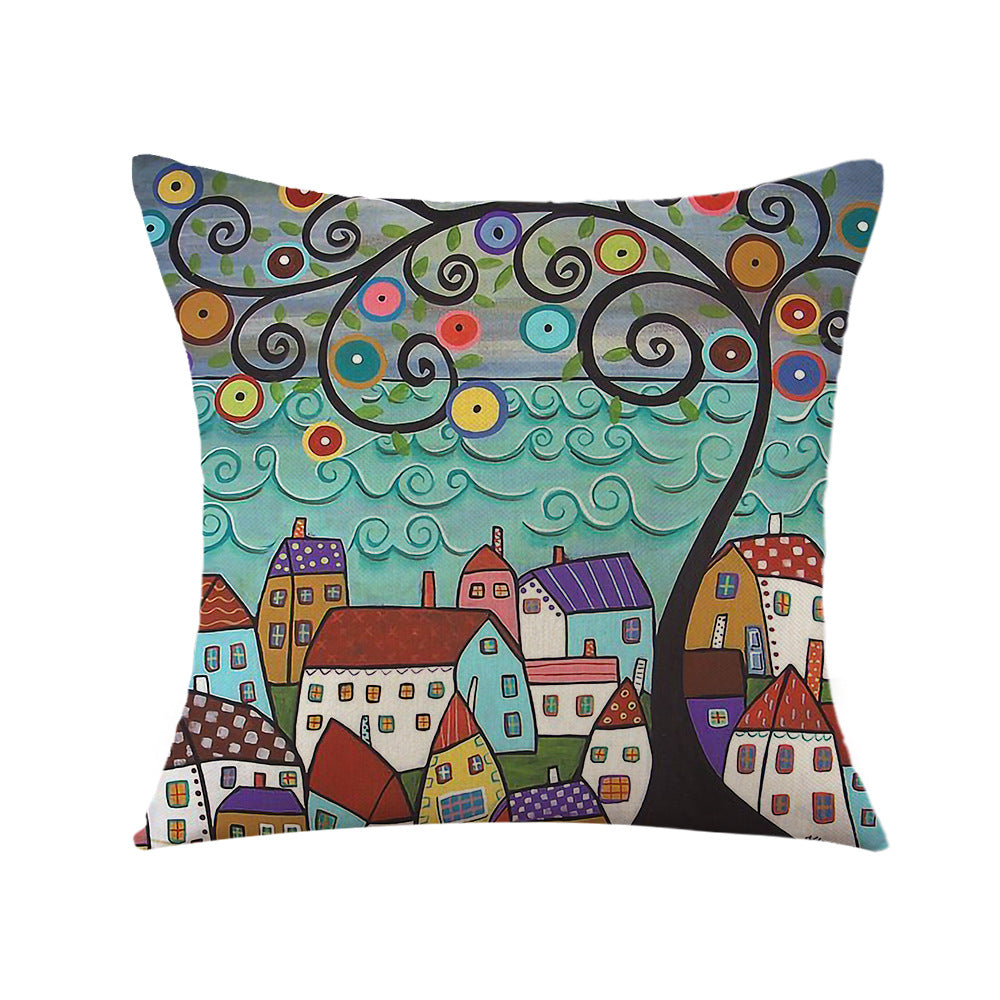 4-Piece Whimsical Village & Tree Pillow & Pillowcase Set: Colorful, Artistic Designs for a Charming, Storybook-Inspired Home