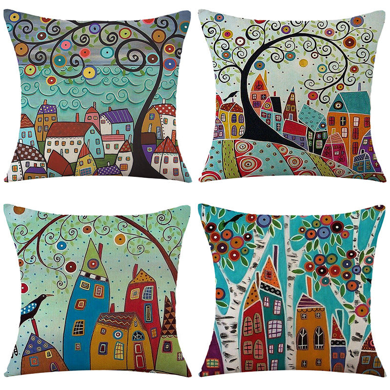 4-Piece Whimsical Village & Tree Pillow & Pillowcase Set: Colorful, Artistic Designs for a Charming, Storybook-Inspired Home