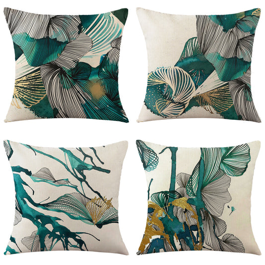 4-Piece Artistic Leaf - Patterned Pillow & Pillowcase Set: Green and Gold Abstract Foliage Designs for a Sophisticated Home Ambiance