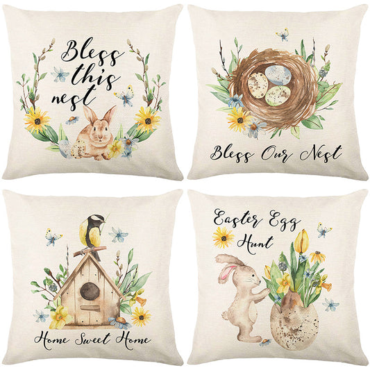 4-Piece Whimsical Spring Nest & Bunny Pillow & Pillowcase Set: Watercolor Nature Designs for a Serene, Homey Ambiance