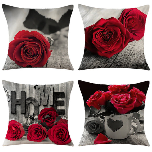 4-Piece Red Rose Pillow & Pillowcase Set
