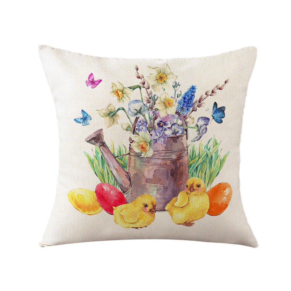 4-Piece Spring Watercolor Pillow & Pillowcase Set: Birdhouses, Bunnies, and Floral Jars for a Whimsical, Nature-Loving Home