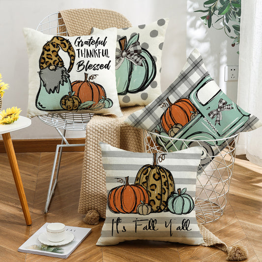 4-Piece Autumn Harvest - Themed Pillow & Pillowcase Set: Whimsical Gnome, Pumpkin, and Truck Designs for a Cozy, Seasonal Home Upgrade