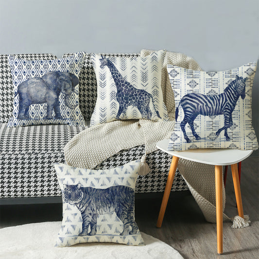 4-Piece Safari - Inspired Animal Pillow & Pillowcase Set: Blue - Toned Wildlife Designs with Geometric Patterns for a Stylish Home