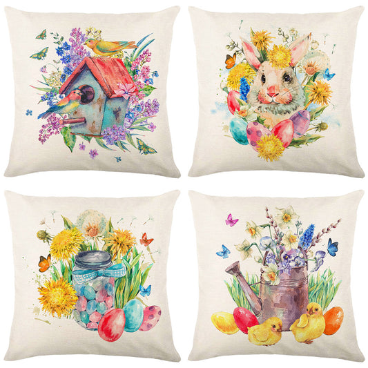 4-Piece Spring Watercolor Pillow & Pillowcase Set: Birdhouses, Bunnies, and Floral Jars for a Whimsical, Nature-Loving Home