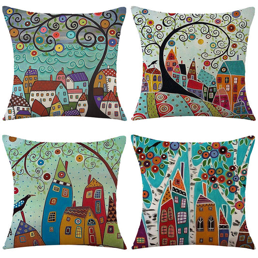 4-Piece Whimsical Village & Tree Pillow & Pillowcase Set: Colorful, Artistic Designs for a Charming, Storybook-Inspired Home