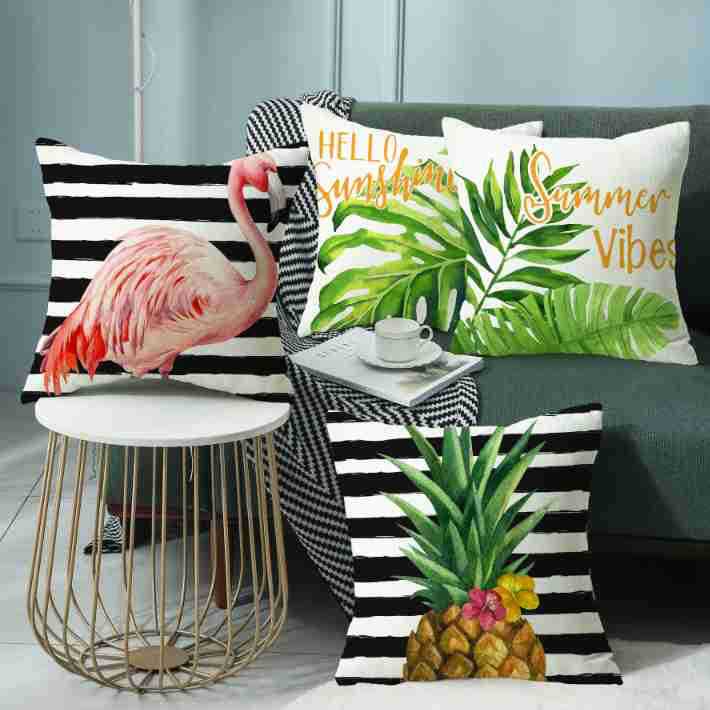 4-Piece Tropical - Inspired Pillow & Pillowcase Set: Flamingo, Palm Leaf, and Pineapple Designs for a Breezy, Summer - Vibe Home
