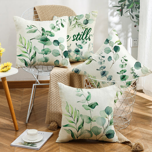 4-Piece Eucalyptus Leaf & Botanical Pillow & Pillowcase Set: Watercolor Greenery for a Serene, Nature-Inspired Home